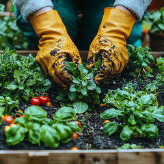 Closeup of hands in yellow gardening gloves tending to vibrant green herbs and cherry tomatoes in a raised garden bed.