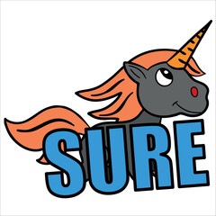 Cute vector colorful clipart icon, can be used also as an emoticon or sticker: cartooned horse character with text SURE