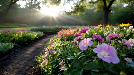 Wall Mural - beautiful garden with colorful flowers under morning sunlight