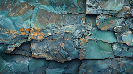 Leinwandbilder - Intricate patterns of layered rock showcase a blend of teal, orange, and gray hues, revealing the complexity of natural stone formations shaped by environmental forces.