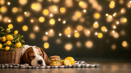 Wall Mural -   Brown-white dog lounges on blanket near lemon, cookie baskets