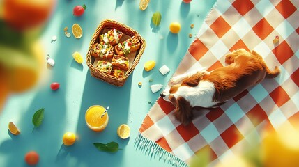 Wall Mural -   A dog lying on a checkered tablecloth with oranges nearby in a basket