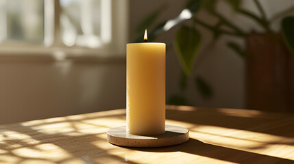 Wall Mural - A lit candle sits serenely on a wood table in a sunlit room, creating a warm ambiance.