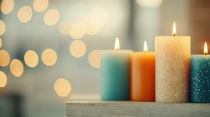 Wall Mural -   A set of three candles rests atop a wooden table near a Christmas tree adorned with lights