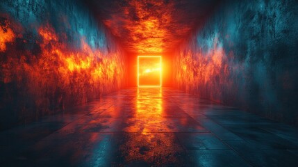 Wall Mural - Neon tunnel, fire, smoke, glowing rectangle