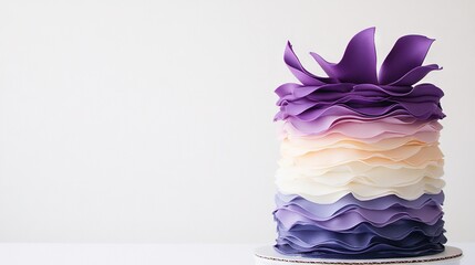 Wall Mural - a colorful cake with ruffled topping atop a white stand against a white backdrop