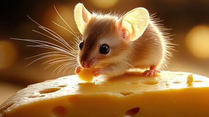 Poster -   A mouse perched atop a slice of cheese with a nibble removed from its front edge