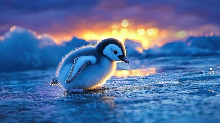 Wall Mural -   A tiny bird perched on a frozen float amidst a tranquil body of water, bathed in the warm glow of a beautiful sunset