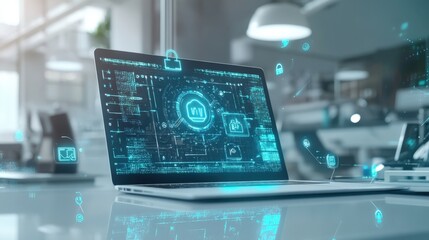 Wall Mural - open laptop displaying a futuristic heads up display interface for a smart home security system, fea