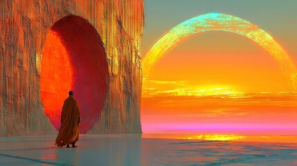 Wall Mural -   A painting depicts a man standing before an arch, with a sunset in the background