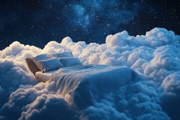Wall Mural - Serene Slumber: Cozy Bed Nestled Amidst Dreamy Clouds Beneath a Starry Night Sky