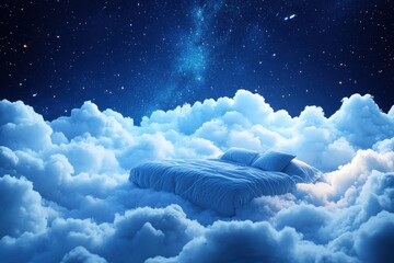 Wall Mural - Serene Slumber: Cozy Bed Nestled Among Dream Clouds Beneath a Starry Sky at Night