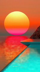 Wall Mural - the sun sets on the ocean as a rock and pool appear in the foreground