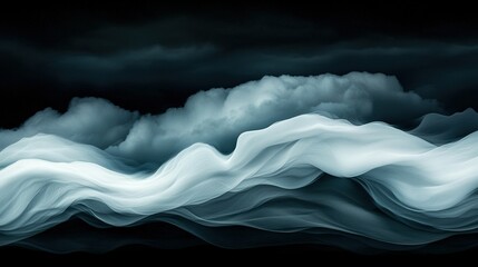 a monochrome image depicts a distant mountain range with cloudy foreground and a deep blue backdrop