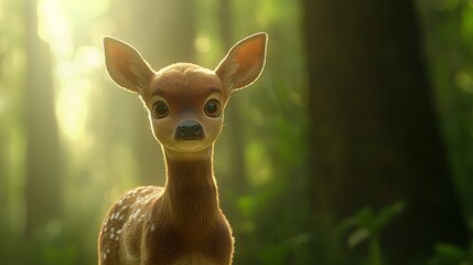 Poster -    a deer in a forest with a light shining on its face and a soft background