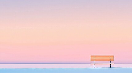 Wall Mural - a bench rests atop a snow-covered meadow beside a vast expanse of water, framed by a soft pink sky