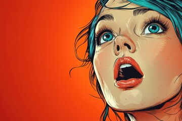 Wall Mural - Colorful Illustration of Surprised Woman with Blue Hair and Expressive Eyes Posed Against Vibrant Orange Background Capturing Emotion and Drama