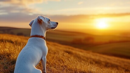 Wall Mural - small white dog sits in field, watching sunset