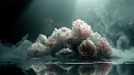 Wall Mural - pink flowers floating above water with smoke rising from them