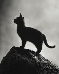 Wall Mural -    a black-and-white feline perched on a rock, gazing towards the heavens