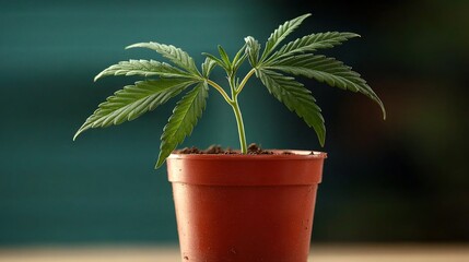 Poster -   A potted plant with a green leafy center rests on a wooden table