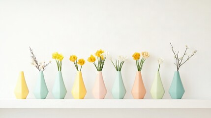 Wall Mural -   A row of pastel-colored vases with flowers blooming on a white shelf, against a white backdrop