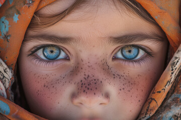 Wall Mural - A close-up portrait of a young girl with striking blue eyes and freckles, wearing an orange scarf.