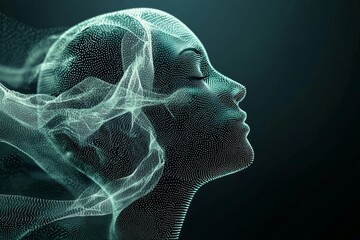 Poster - The concept of neurology research is represented by a creative glowing polygonal brain hologram on a blurry blue background, created through 3D rendering