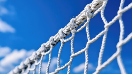 Close-up of white rope net against blue sky