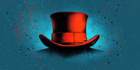 Canvas Print - Vibrant illustration of a red top hat on a dark background with scattered bright dots creating a magical and mysterious atmosphere filled with whimsical elements