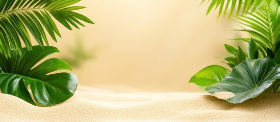 Wall Mural - Tropical leaves surround a sandy stage with a neutral background