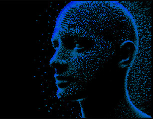 Leinwandbilder - Abstract, pixelated human face on a black background. The scattered dots form a detailed, digital texture, giving the artwork a modern, futuristic feel with a hint of mystery.