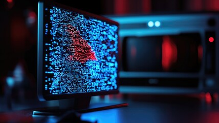 computer screen displaying blue and red binary code, representing cyber technology or data encryptio