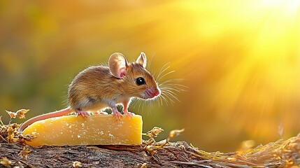 Wall Mural -   A mouse resting atop three layers of cheese atop a wooden surface