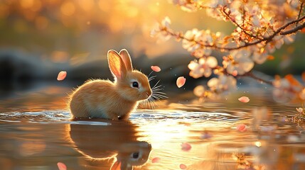 Wall Mural -   Rabbit submerged, head out of water; reflection seen on water's surface