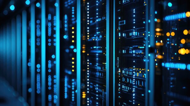 Close-up of illuminated server racks in a data center, highlighting cloud computing, cybersecurity, and network infrastructure. Ideal for IT, security, and technology projects