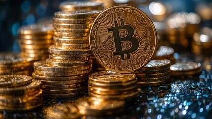 Golden Bitcoin stacks, festive background, finance, wealth