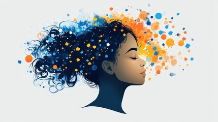 Canvas Print - Abstract Illustration of a Woman's Silhouette with a Colorful, Starry Explosion of Blue and Orange Representing Creativity and Imagination