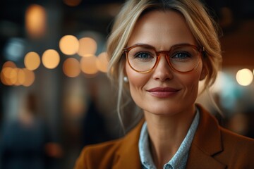 Confident woman in glasses poses with soft lighting in a modern indoor setting during the evening