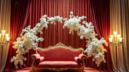 Wall Mural - A red velvet sofa with gold trim is set against a red curtain backdrop, accompanied by white flowers and gold candlesticks.