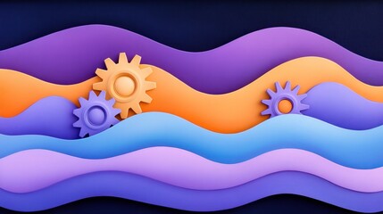 Colorful layers with abstract gears create depth and dimension