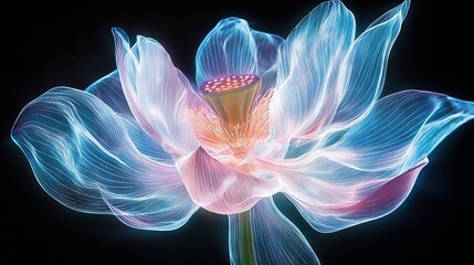 Wall Mural -   Close-up of a blue and pink flower centered on a black background