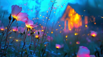 Wall Mural -   A field filled with vibrant pink blossoms adjacent to a blue structure, illuminated by a warm yellow light overhead