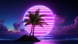 © Oleksandr - Palm trees and sunset on the beach in 90s style on weekend retro sci fi vibes