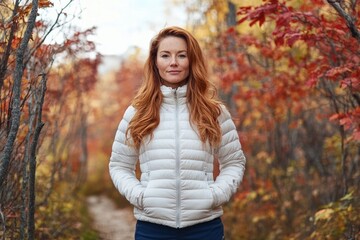 redhead woman in a white puffer jacket stands in an autumnal forest.