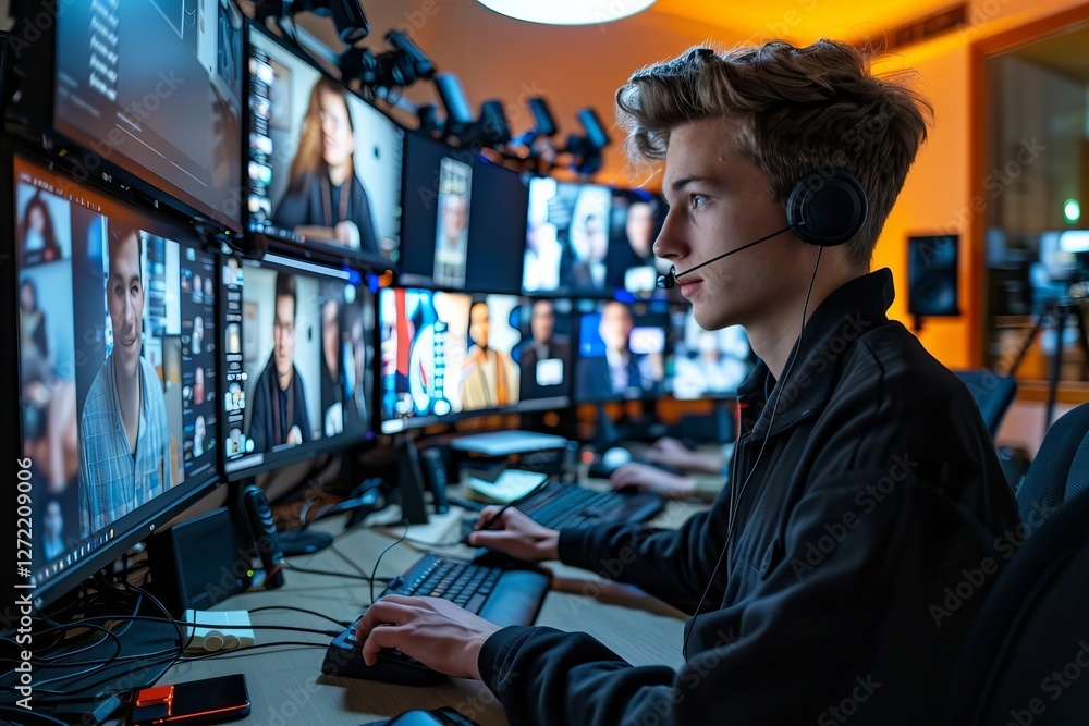 Title: Young Entrepreneur Engaging in Video Conferencing with Multiple ...