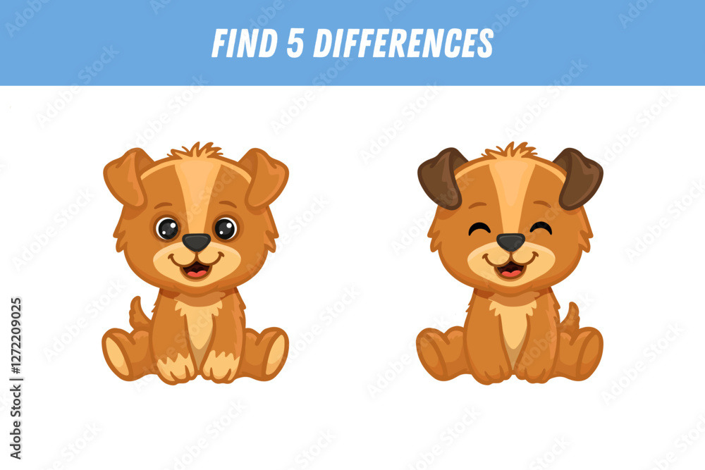 Find 5 differences between two pictures of cute cartoon dog isolated on ...