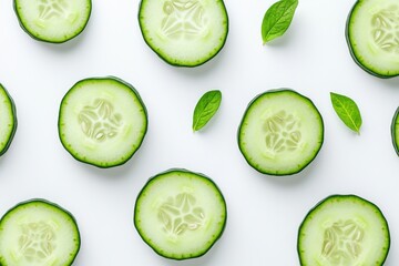 Wall Mural - Sliced cucumber arranged in a geometric pattern creates a fresh and hydrating food aesthetic for a minimalistic composition