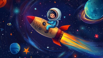 child astronaut in rocket ship in space