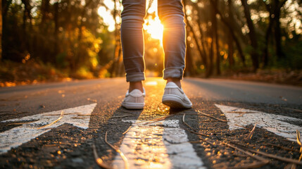 Wall Mural - person walking on road surrounded by trees during sunset, creating serene atmosphere. sunlight filters through foliage, enhancing peaceful scene